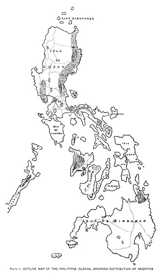 Outline map of the Philippine Islands, showing distribution of Negritos.