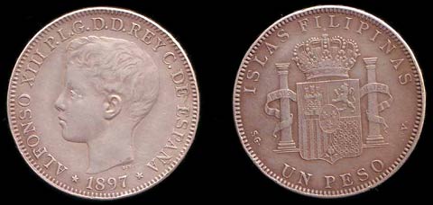1897 Philippine 1 Peso coin, with the boy King Alfonso XIII.