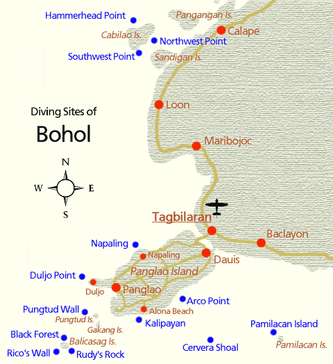 Map of Dive Sites Around Bohol
